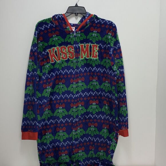One Piece Kiss Me Christmas Mistletoe Drop Drawer Pajamas w/ Hood XXL Fuzzy - Picture 3 of 8